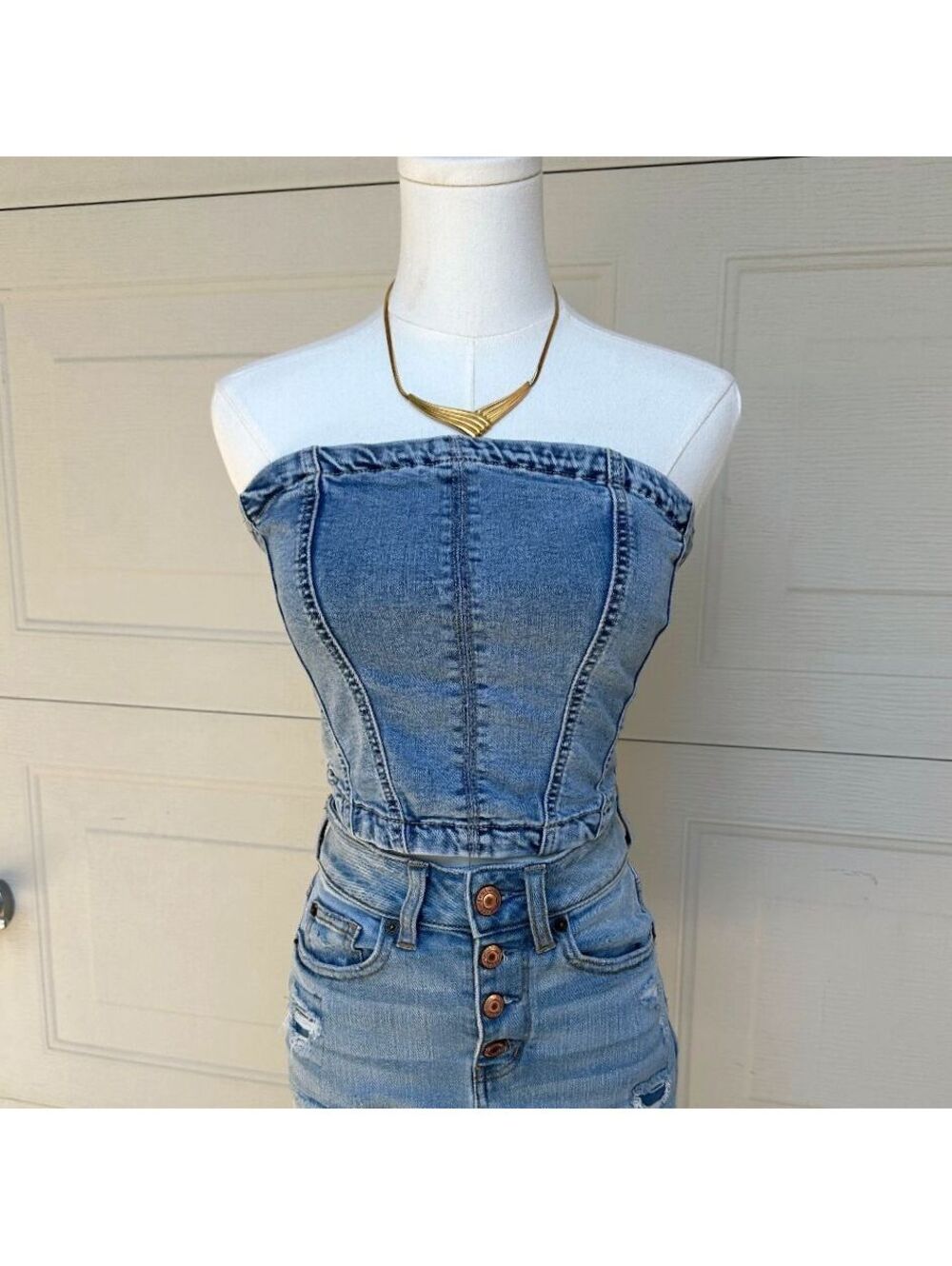 Garage Denim Strapless Corset Tube Top Light Wash Stretch Jean Bustier P/S